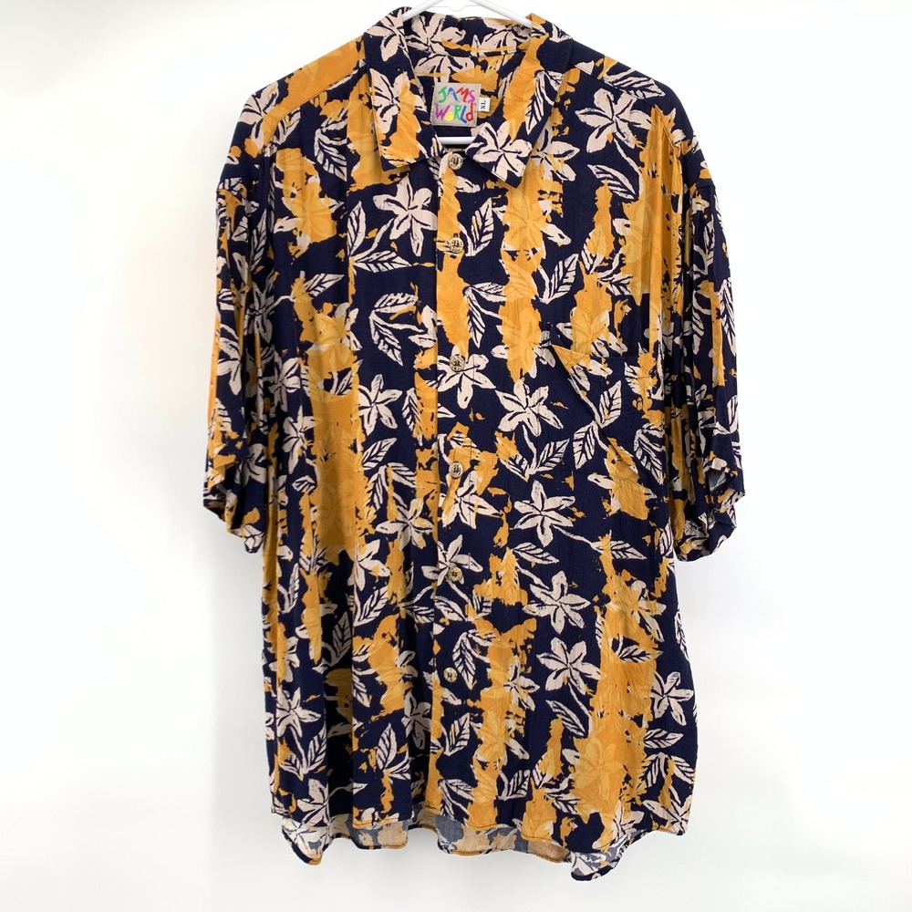 Vintage Jams World XL Kilohana Hawaiian Shirt Navy Gold Floral Rayon Aloha Art